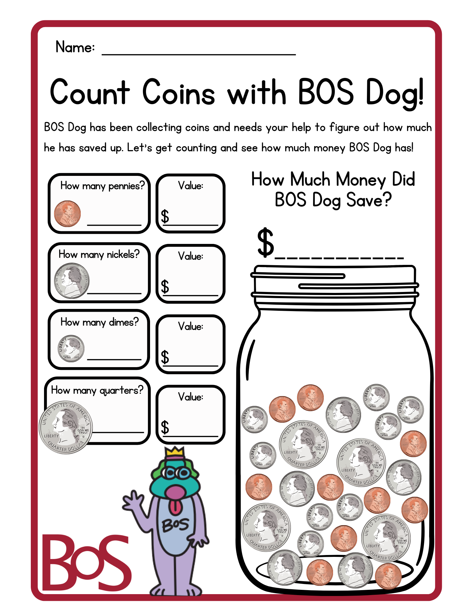 Count Coins with BOS Dog worksheet